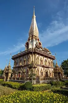 Aerial drone view of Wat Chalong a Thai buddhist temple located in Phuket, Thailand