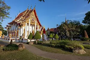 Aerial drone view of Wat Chalong a Thai buddhist temple located in Phuket, Thailand