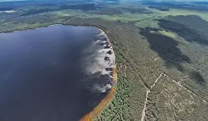 Rivne Prints: Aerial drone top view over White Lake in Rivne region panorama, Ukraine
