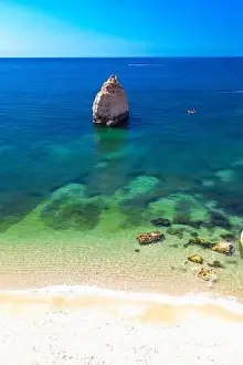 Aerial drone views of Praia da Marinha and Malhada do Baraco - beaches in Algarve, Portugal