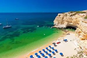 Aerial drone views of Praia da Marinha and Malhada do Baraco - beaches in Algarve, Portugal