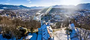 aerial famous old town of bad toelz kalvarienberg winter panoramic drone shot alps - bavaria - germany