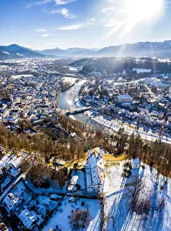 Raft Prints: aerial famous old town of bad toelz kalvarienberg winter panoramic drone shot alps - bavaria - germany