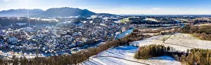 aerial famous old town of bad toelz kalvarienberg winter panoramic drone shot alps - bavaria - germany