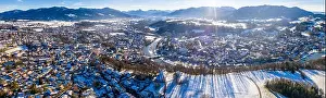 Raft Prints: aerial famous old town of bad toelz kalvarienberg winter panoramic drone shot alps - bavaria - germany