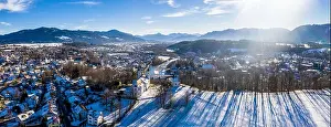 Raft Prints: aerial famous old town of bad toelz kalvarienberg winter panoramic drone shot alps - bavaria - germany