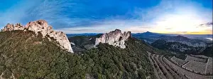 Avignon Prints: Aerial fly over the Dentelles de Montmirail during sunrise in Provence France