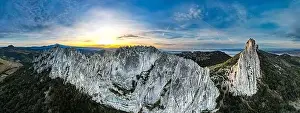 Avignon Prints: Aerial fly over the Dentelles de Montmirail during sunrise in Provence France