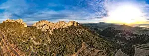 Avignon Prints: Aerial fly over the Dentelles de Montmirail during sunrise in Provence France