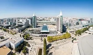 Aerial footage of Park of The Nations in Lisbon (Parque das Nações)