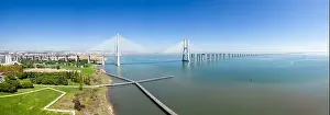 Cable Car Prints: Aerial footage Vasco da Gama bridge at Park of The Nations in Lisbon (Parque das Nações)