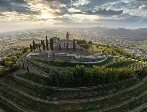 Bergamo Prints: Aerial footage view from the drone of a ancient fortress built on a green hill