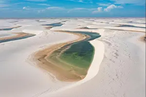 Sand Dune Prints: Aerial of freshwater lakes between huge sand dunes in the Lencois Maranhenses National Park