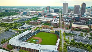 Summer Day Prints: Aerial over Huntington Park baseball diamond early dawn empty streets in city