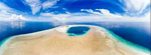 Exoticism Prints: Aerial idyllic atoll, scenic travel destination Maldives Polinesia