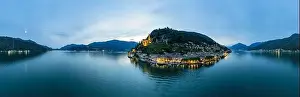 Lago Prints: Aerial image of the parish church Madonna del Sasso stands on the high hill of Vico Morcote