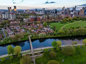 Salford Prints: Aerial image taken above the river Irwell in Salford showing Manchester and Salford skyline