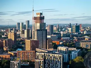 Beetham Tower Prints: Aerial image of Trinity Islands skyscraper cluster in Manchester UK and Manchester skyline on the background
