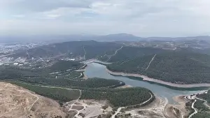 Farming Fields Prints: Aerial lake view in overcast weather covered by pine tree forest