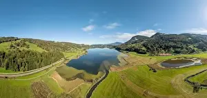 Curvy Road Prints: Aerial landscape in the Allgaeu Alps with lake Alpsee next to Immenstadt, Bavaria, Germany