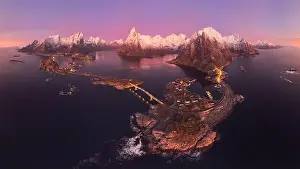 Boat Building Prints: Aerial landscape of calm river and rocky formations located in Hamnoy under sunset sky in evening