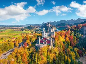 Sublime Prints: Aerial landscape photography. Adorable autumn view from flying drone of Neuschwanstein Castle