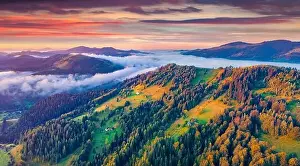 Aerial landscape photography. Amazing sunrise on Carpathian mountains
