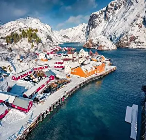 Majestic Mountain Prints: Aerial landscape photography. Amazing winter view from flying drone of Nusfjord town