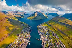 Klaksvik Prints: Aerial landscape photography. Awesome summer view from flying drone of Klaksvik town