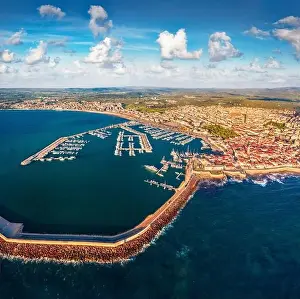 Majestic Mountain Prints: Aerial landscape photography. Beautiful spring view from flying drone of Alghero port