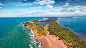 Majestic Mountain Prints: Aerial landscape photography. Breathtaking spring view from flying drone of Zvernec Beach