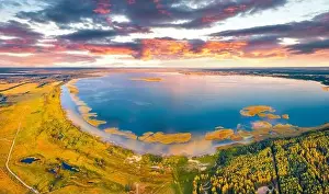 Aerial landscape photography. Colorful evening scene of Svityaz lake