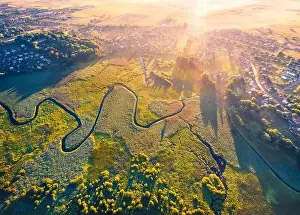Aerial landscape photography. Colorful summer view of flooded valley