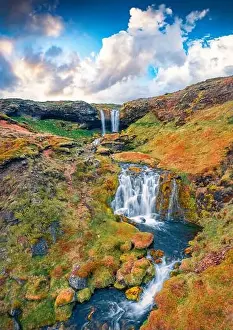 Majestic Mountain Prints: Aerial landscape photography. Colorful view from flying drone of Sheep's Waterfall