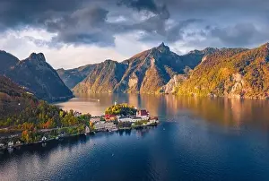 Landmark Mountain Prints: Aerial landscape photography. Dramatic autumn view from flying drone of Traunsee lake
