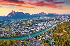 Street House Prints: Aerial landscape photography. Exciting autumn view from flying drone of Salzburg