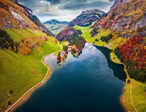 Seealpsee Prints: Aerial landscape photography. Fantastic autumn view from flying drone of Seealpsee lake
