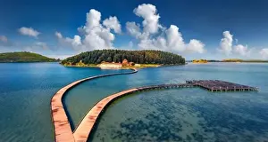 Majestic Mountain Prints: Aerial landscape photography. Fantastic morning view of St Mary's Monastery and wooden pier