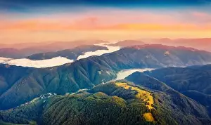 Aerial landscape photography. Fantastic summer sunset on Tereblia-Ristke Reservoir