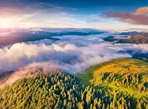 Splendid Prints: Aerial landscape photography. First sunlight glowing mountain forest