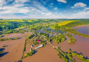 Summer Green Prints: Aerial landscape photography. Flooded villages in western Ukraine