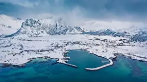 Nordland Prints: Aerial landscape photography. Misty morning view from flying drone of Vestersand port