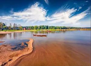 Aerial landscape photography. Nice summer view from flying drone of fishing boats on the Svityaz lake