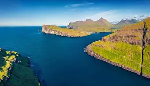 Tjornuvik Prints: Aerial landscape photography. Picturesque summer view from flying drone of Eidiskollur cliffs