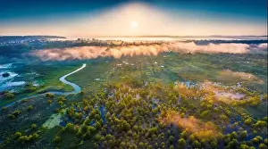 Aerial landscape photography. Splendid summer view from flying drone of Ukrainian countryside