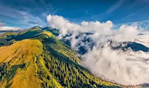 Splendid Prints: Aerial landscape photography. Stunning morning view from flying drone of foggy mountain valley