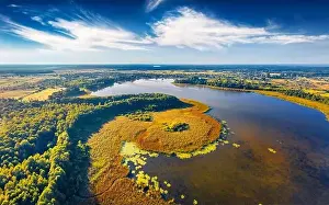 Aerial landscape photography. Stunning morning view from flying drone of Pishchans'ke lake