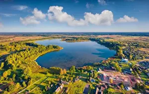 Aerial landscape photography. Stunning morning view from flying drone of Pishchans'ke lake
