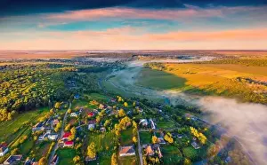 River Forest Prints: Aerial landscape photography. Stunning summer view from flying drone of Ukrainian countryside with foggy river