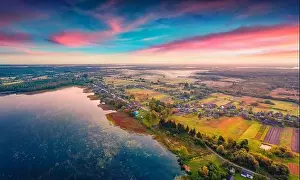 Vilage Prints: Aerial landscape photography. Stunning view from flying drone of Ostrivianske Lake